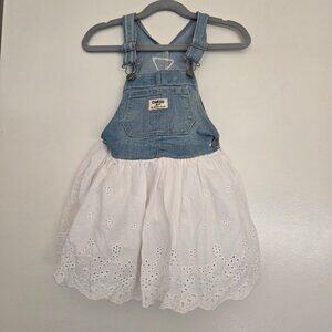 OshKosh Bgosh Girl 4T Eyelet Overall Jumper Dress Skirtall Denim Blue Jean White